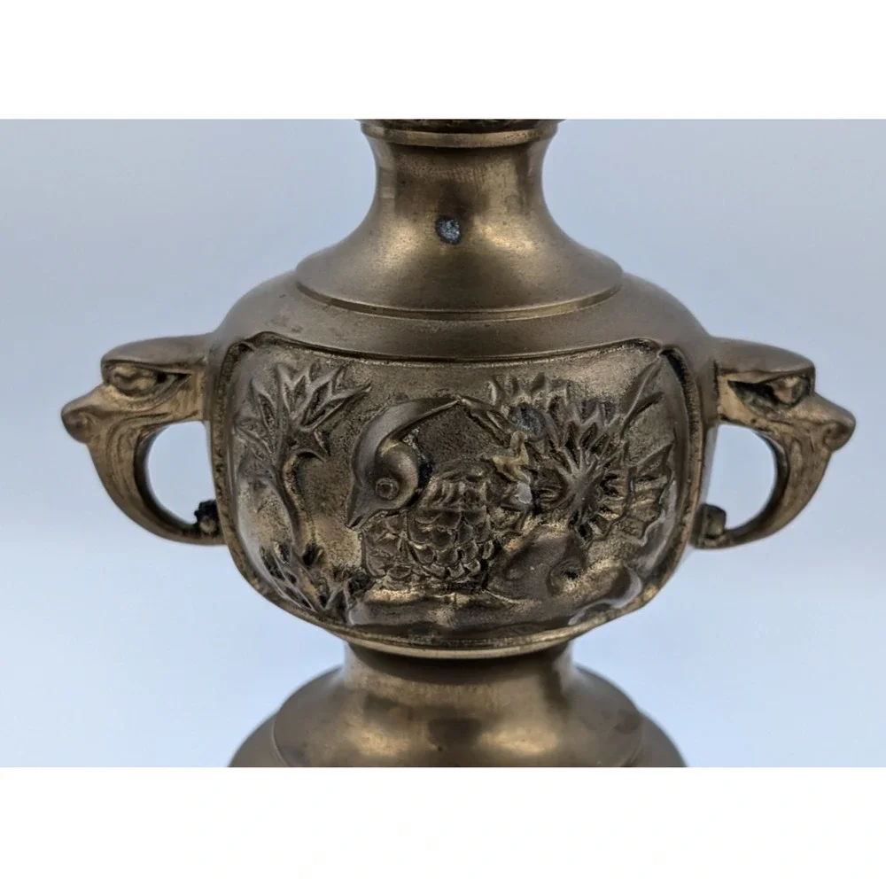Ornate Oriental Brass Candle Holders Set of 3 - Flowers Birds Fu Dogs